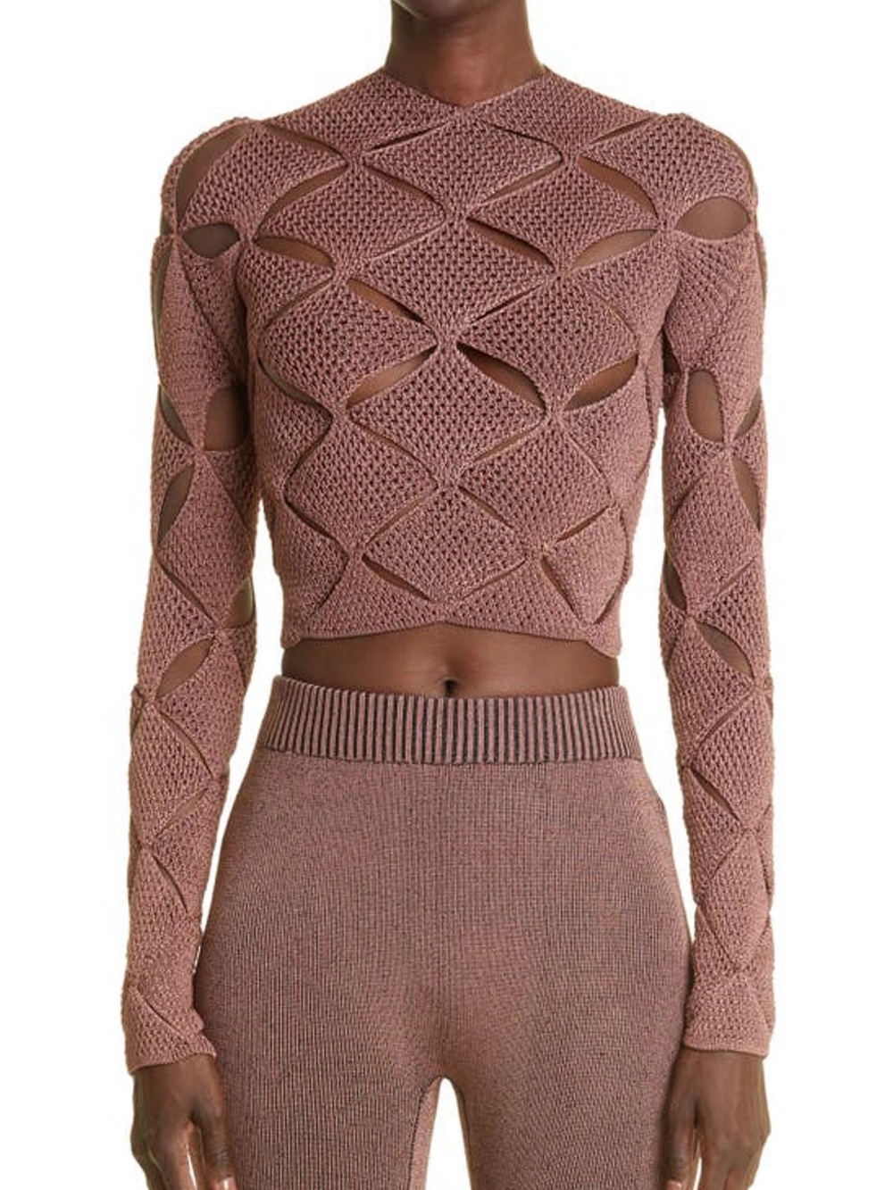Isa Boulder Argyle Textured Cutout Crop Top Knit Sweater